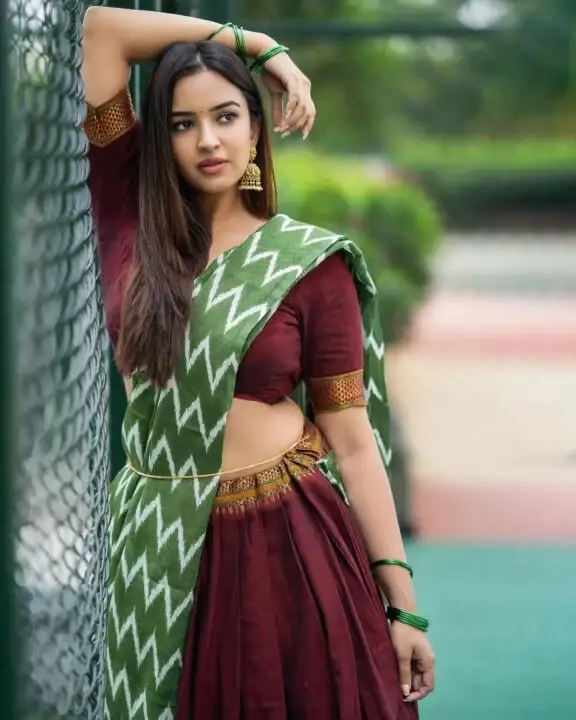 Indian Actress Pujita Ponnada in Traditional Maroon Lehenga Choli